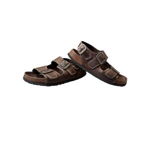 LL Bean Brown Leather Slingback Sandals Size 7 Double Strap Cork Footbed